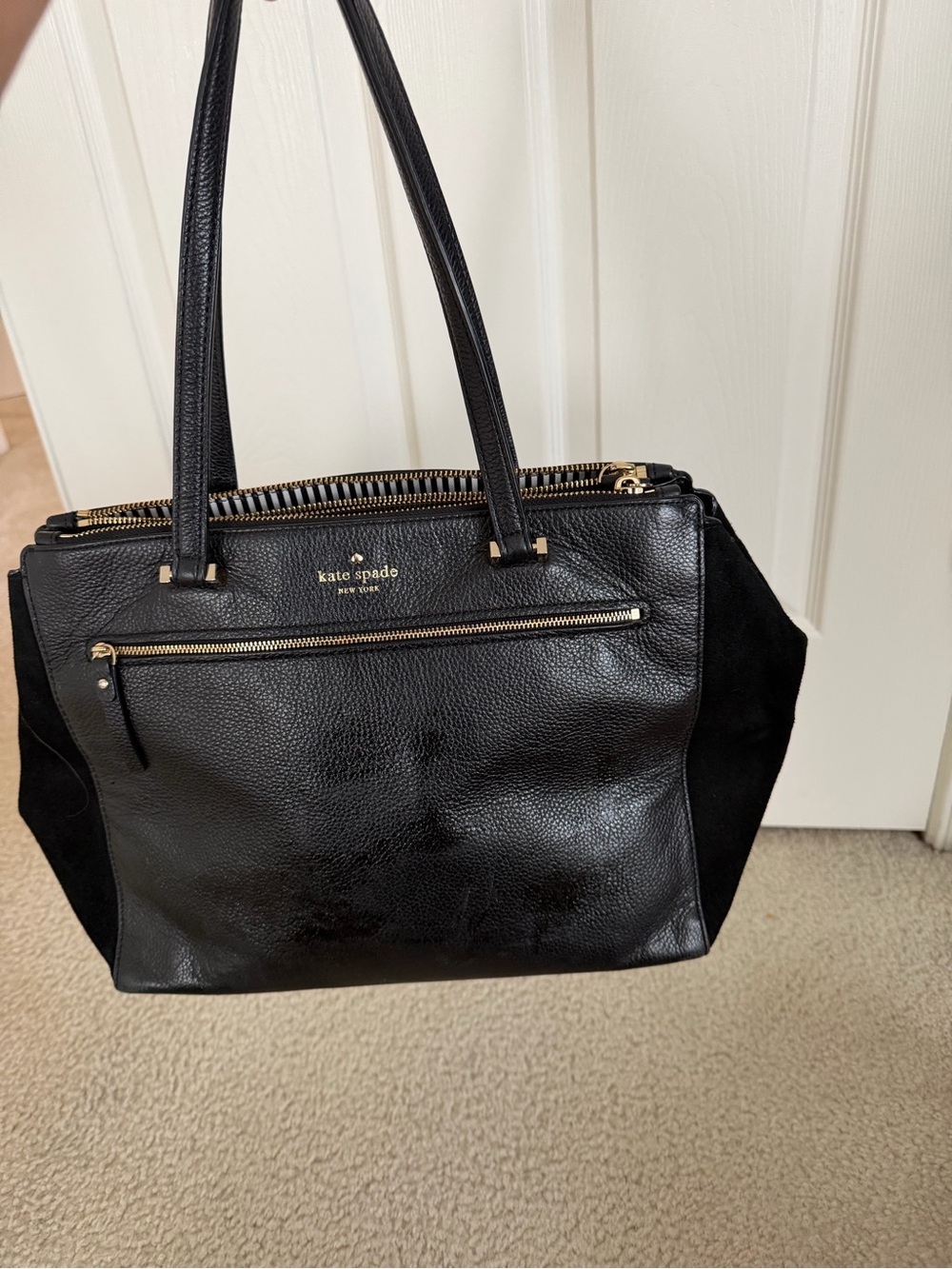 Kate Spade Black Leather and Suede Tote Bag with Gold Hardware